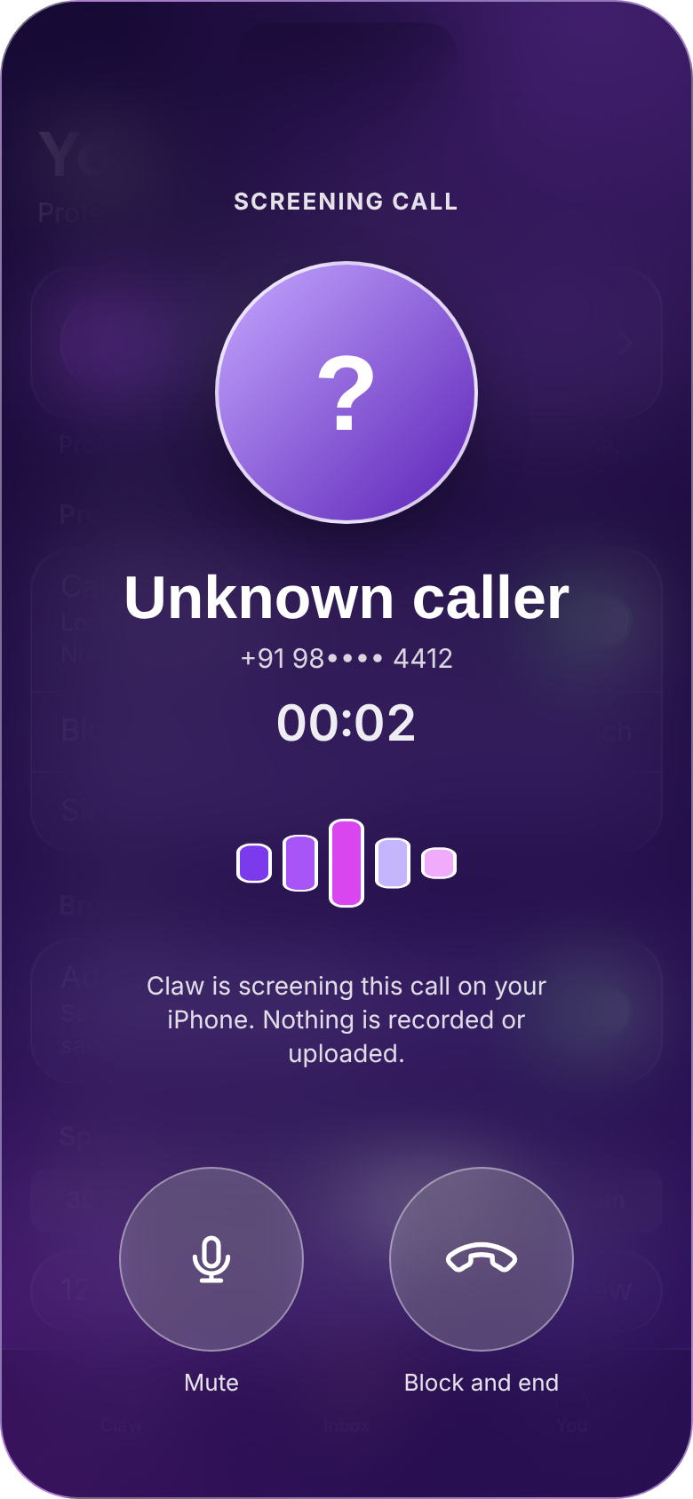 TELO screening an unknown call with a Block and end button