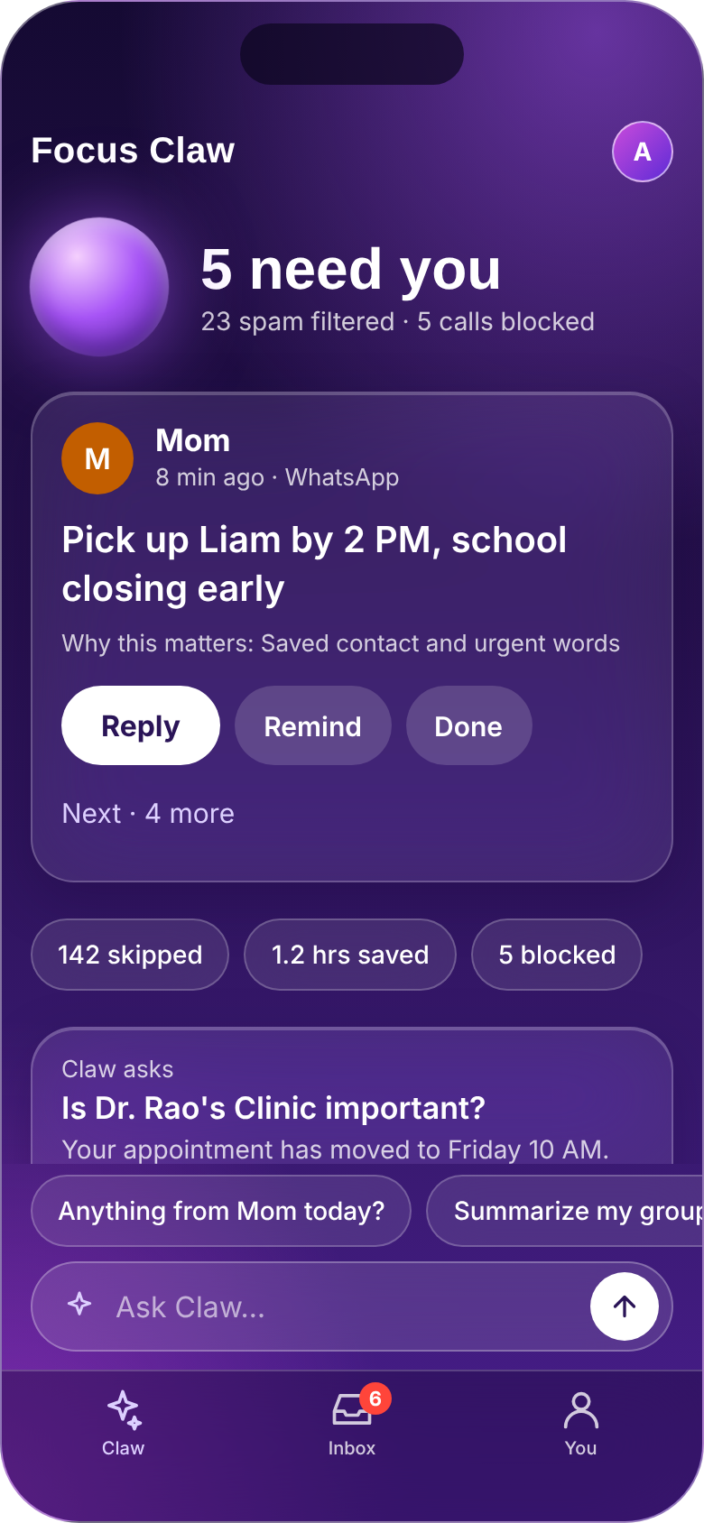 TELO Claw home screen showing messages that need you