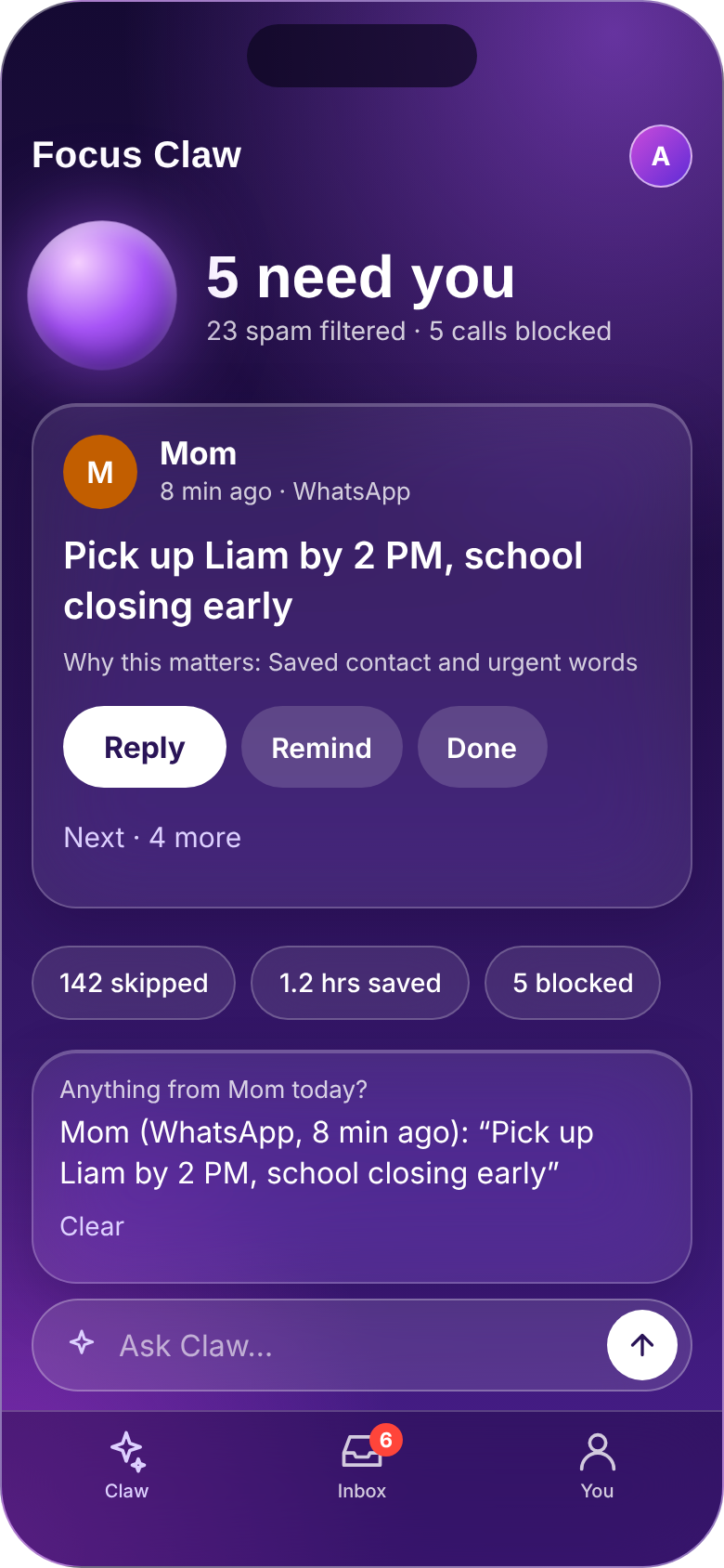 Asking Claw a question about messages from Mom