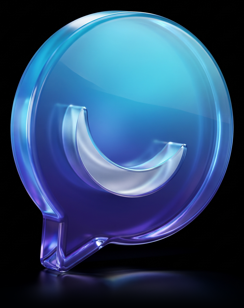 TELO 3D logo: a blue glass chat bubble with a moon