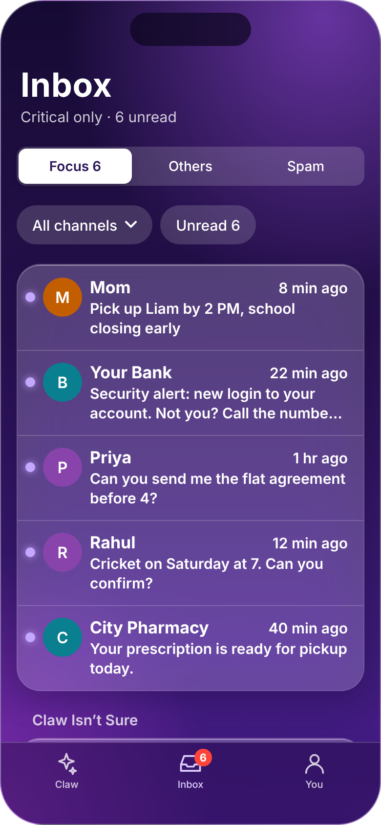 TELO inbox with Focus, Others and Spam segments